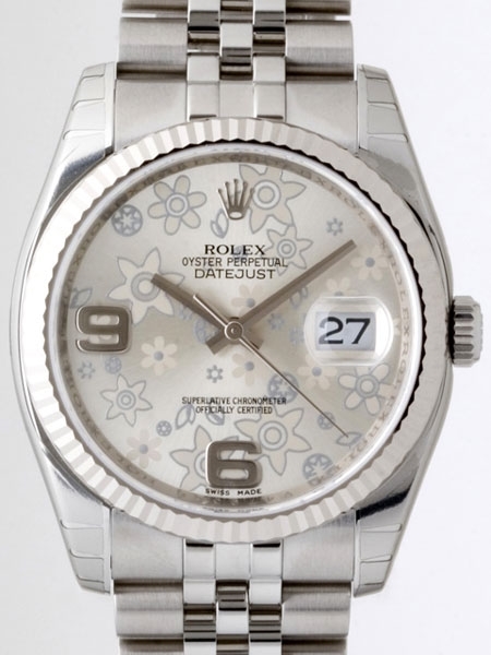 Rolex Datejust Mens 116234 Silver Floral Arabic Dial Watch