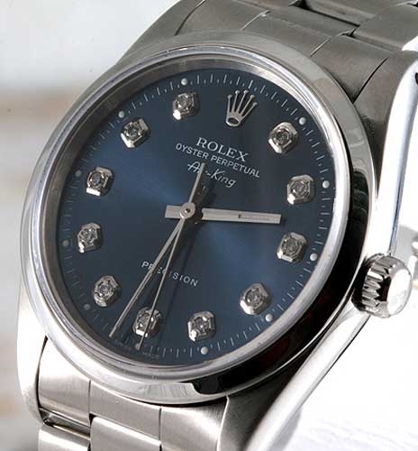 Rolex Airking 14000 Blue W/ Ten Round Diamonds Dial Watch