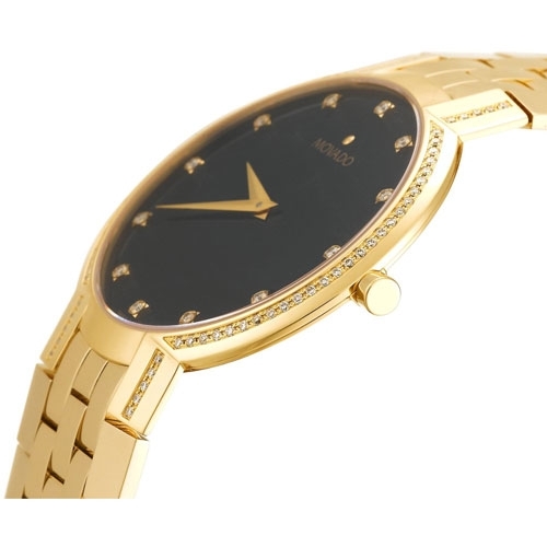 Black Movado 606238 Mens Gold Plated Stainless Steel Watch